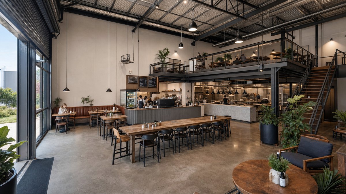 Cafe and dining fit-out concept with industrial mezzanine