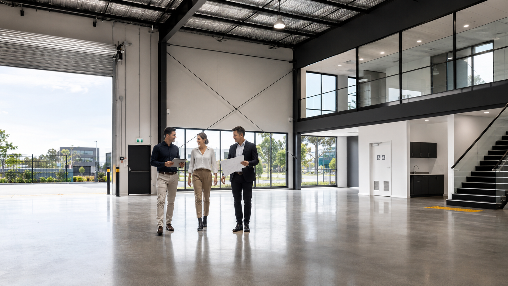 Empty warehouse interior at Precinct Shoalhaven with polished concrete floor, open roller door, and glass-panel office mezzanine — three buyers walking through with plans