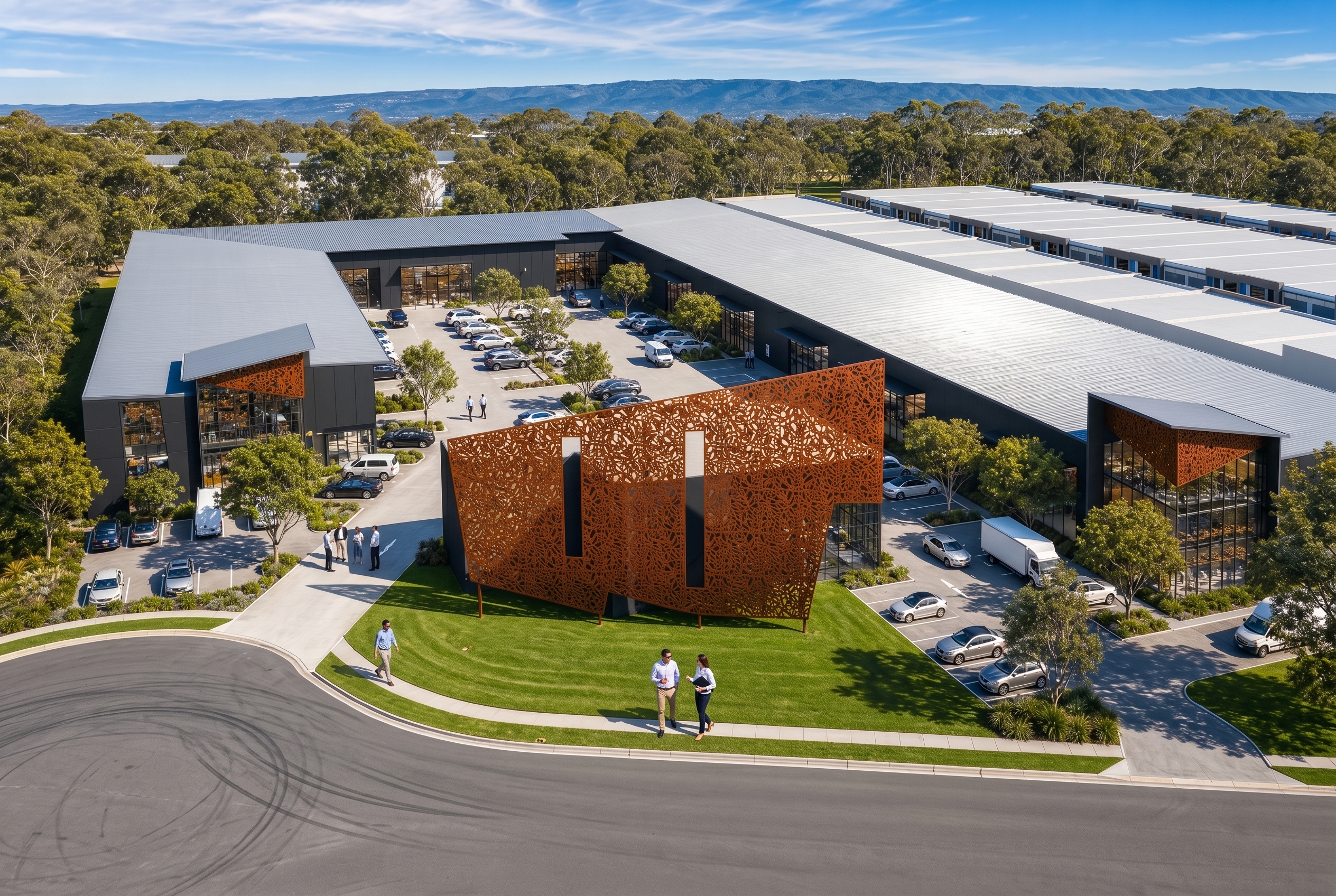 Aerial view of Precinct Shoalhaven showing the Corten-clad showroom, warehouse rows and Cambewarra ranges beyond