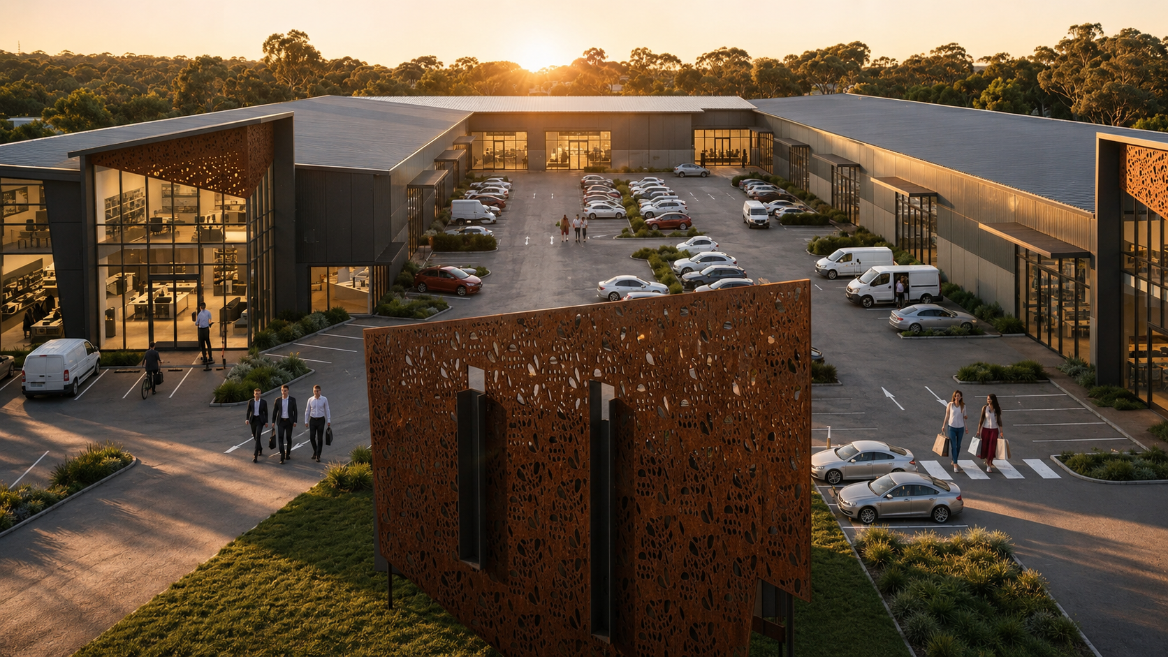 Sunset arrival view of the Precinct Shoalhaven courtyard, with the Corten showroom in the foreground, warehouses on both sides and customers walking through