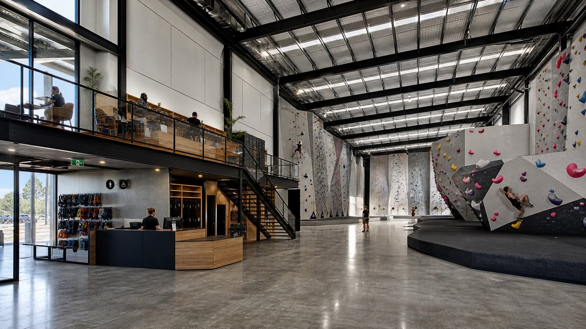 Rock climbing fit-out concept inside a high warehouse