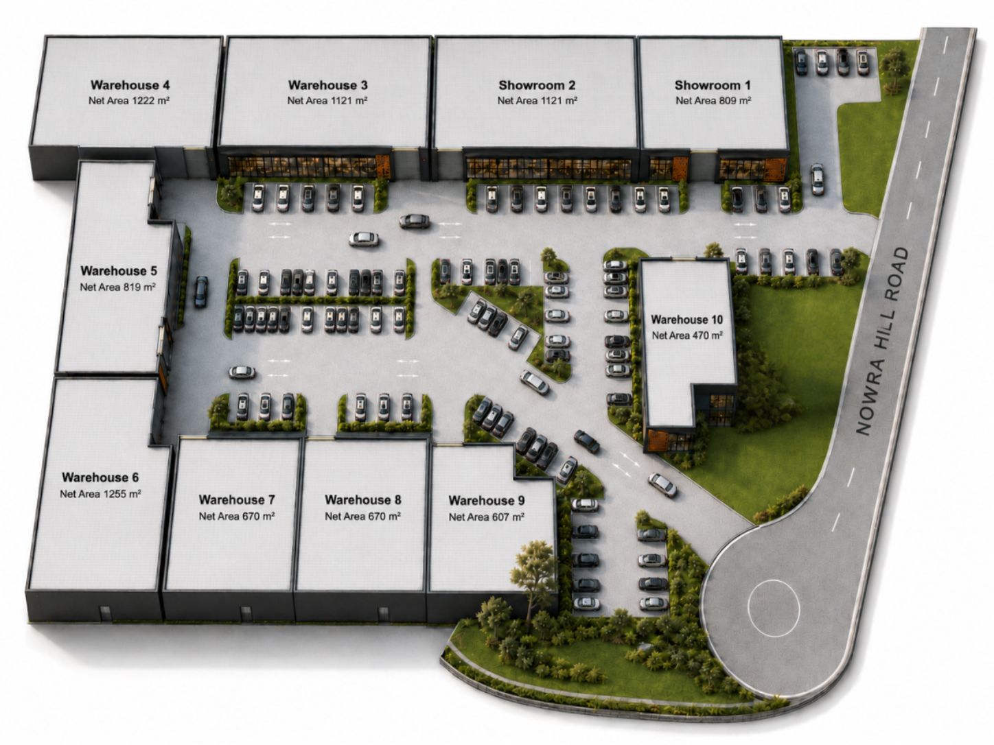 3D axonometric site plan of Precinct Shoalhaven showing all 10 units (8 warehouses and 2 showrooms), parking layout and Nowra Hill Road frontage