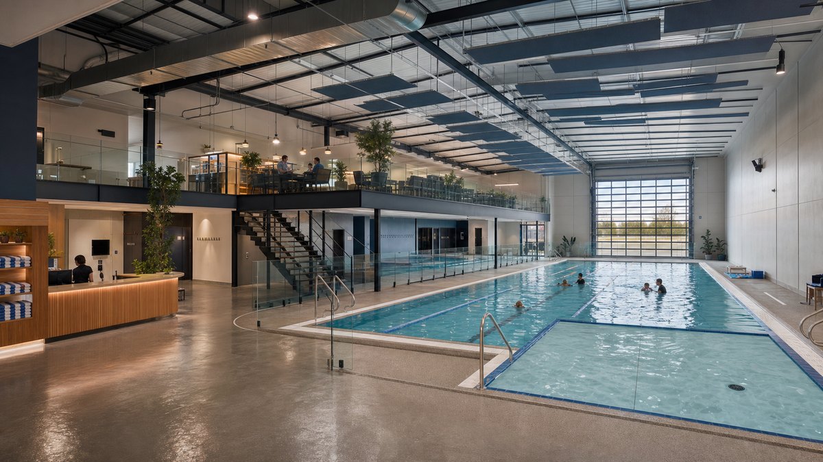 Indoor swim centre concept inside a warehouse shell